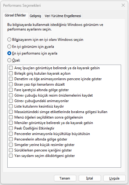 Bilgisayarınız Neden Yavaş Açılıyor? Kapsamlı Çözüm Rehberi 2 Windows Performans Seçenekleri